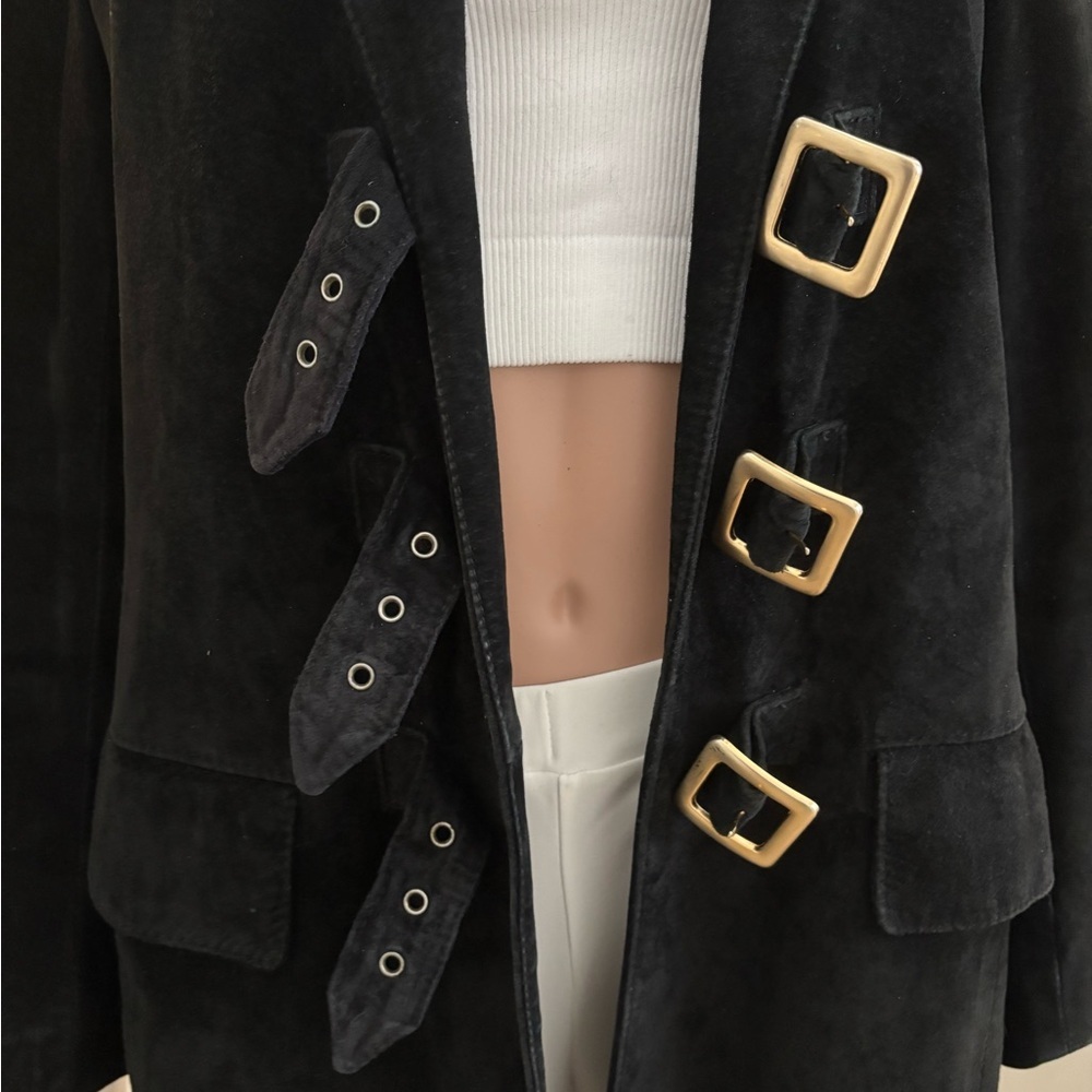 Danier Women's Suede Leather Black Blazer with Triple Buckle Detail - Picture 9 of 13